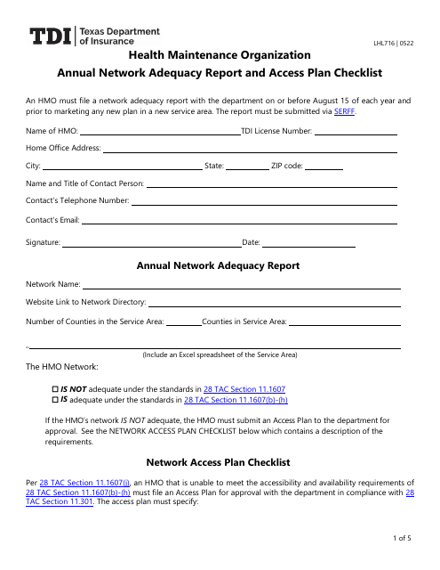 Form LHL716 Health Maintenance Organization Annual Network Adequacy Report and Access Plan Checklist - Texas