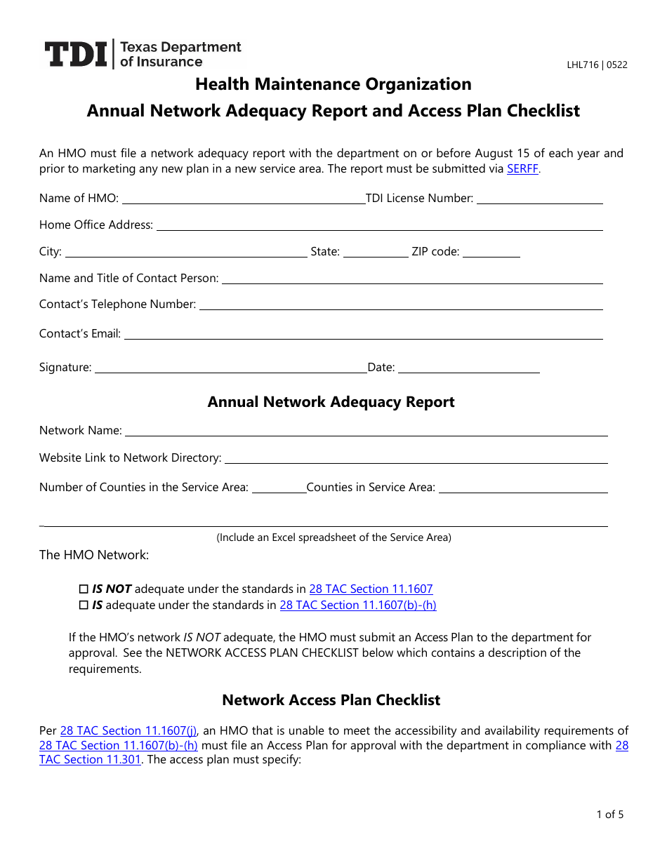 Form LHL716 Health Maintenance Organization Annual Network Adequacy Report and Access Plan Checklist - Texas, Page 1