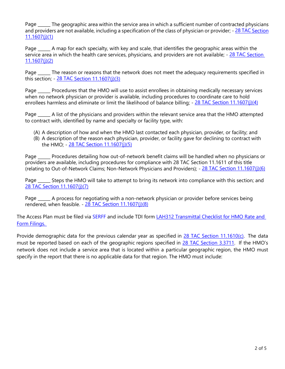 Form LHL716 Health Maintenance Organization Annual Network Adequacy Report and Access Plan Checklist - Texas, Page 2