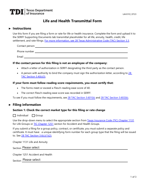 Form LAH310 Life and Health Transmittal Form - Texas