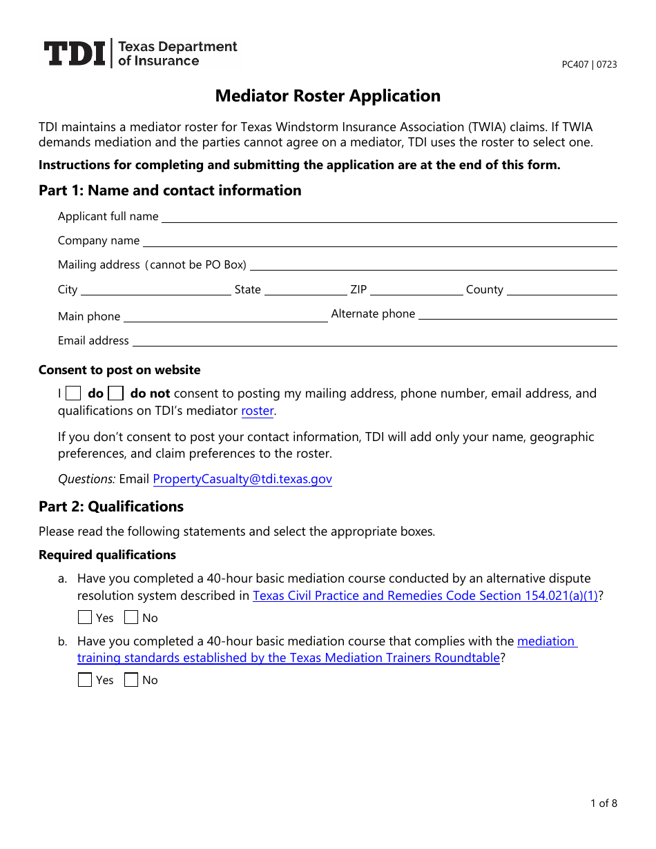 Form PC407 Mediator Roster Application - Texas, Page 1