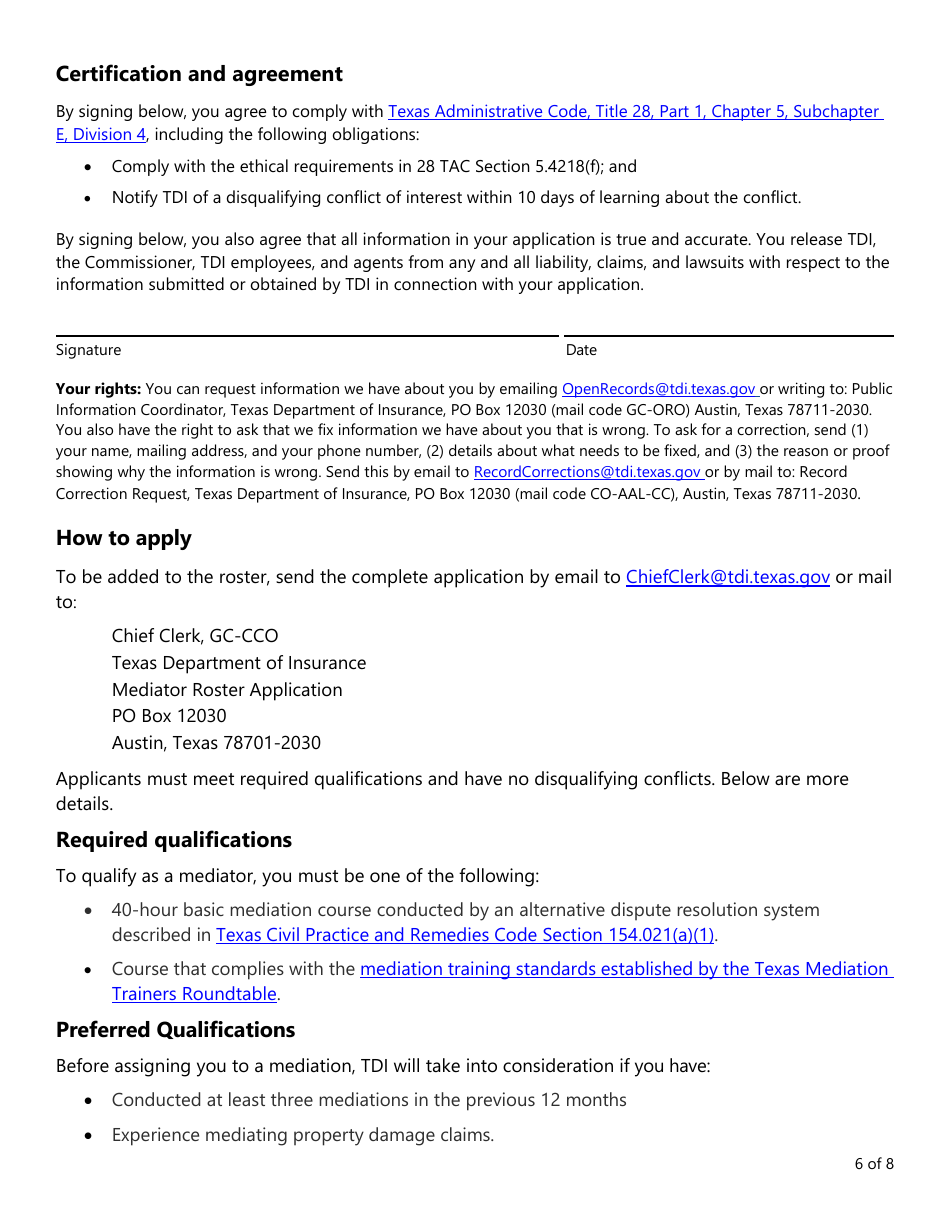 Form PC407 Mediator Roster Application - Texas, Page 6