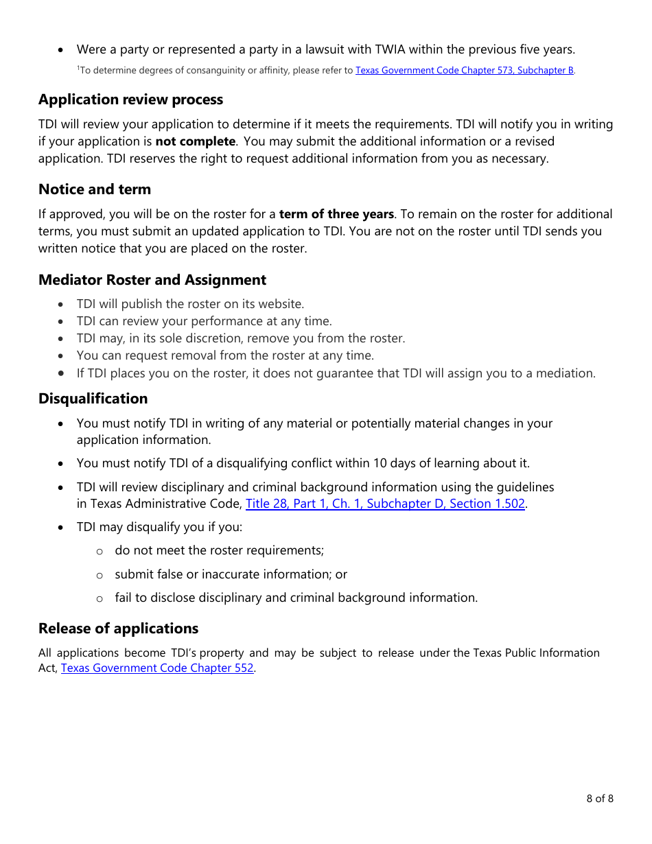 Form PC407 Mediator Roster Application - Texas, Page 8