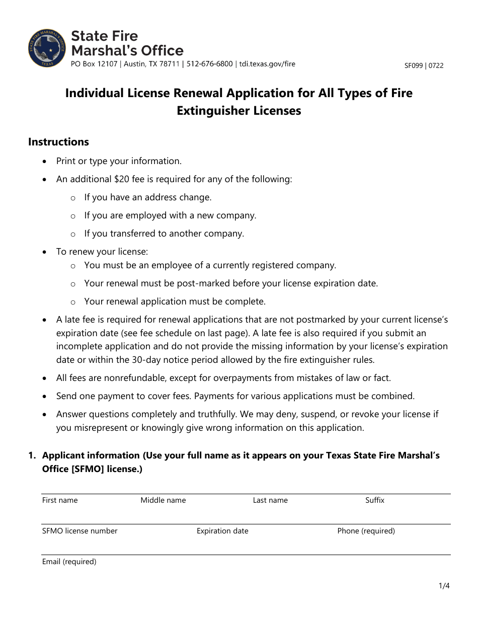Form SF099 Individual License Renewal Application for All Types of Fire Extinguisher Licenses - Texas, Page 1