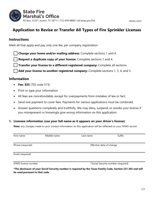 Form SF038 Application to Revise or Transfer All Types of Fire Sprinkler Licenses - Texas