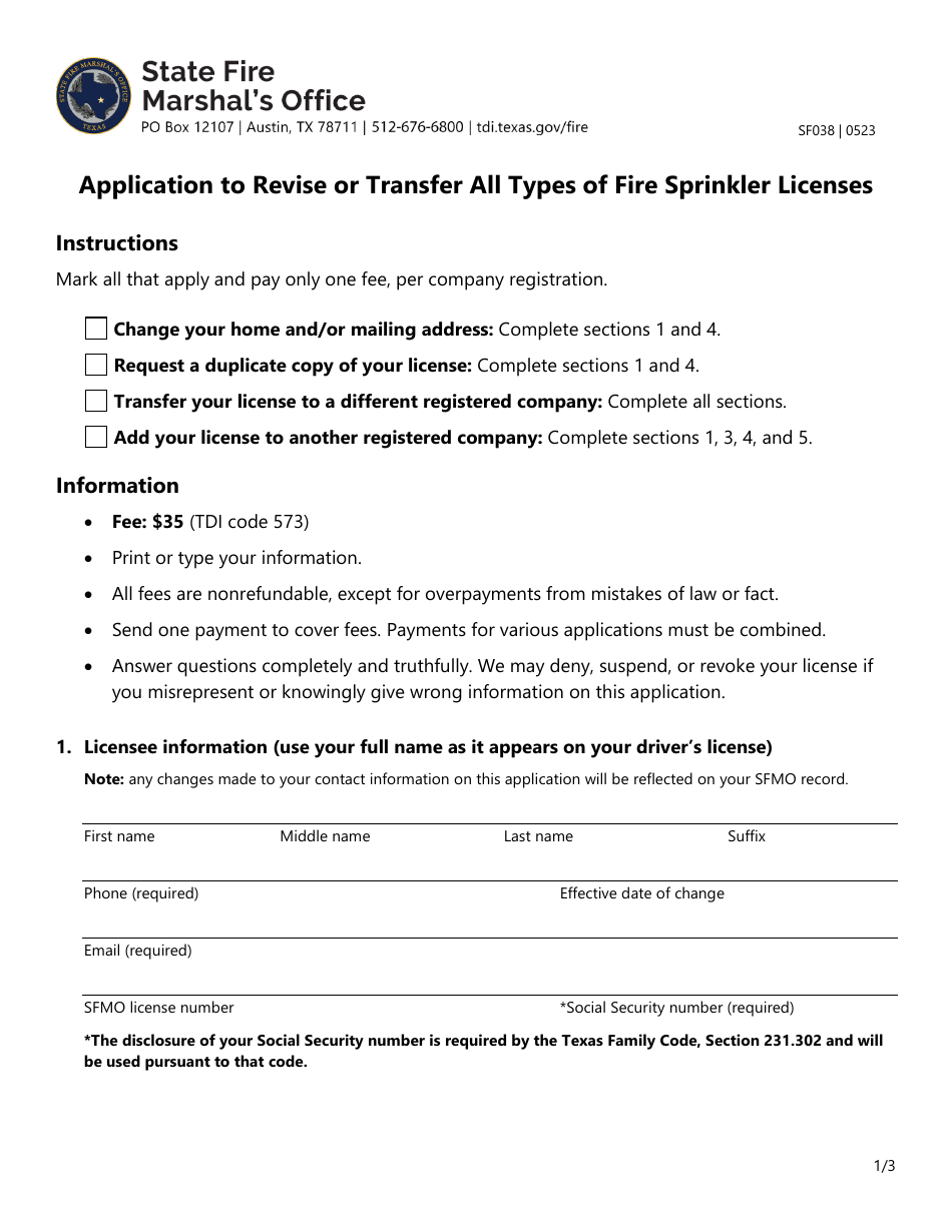 Form SF038 Application to Revise or Transfer All Types of Fire Sprinkler Licenses - Texas, Page 1