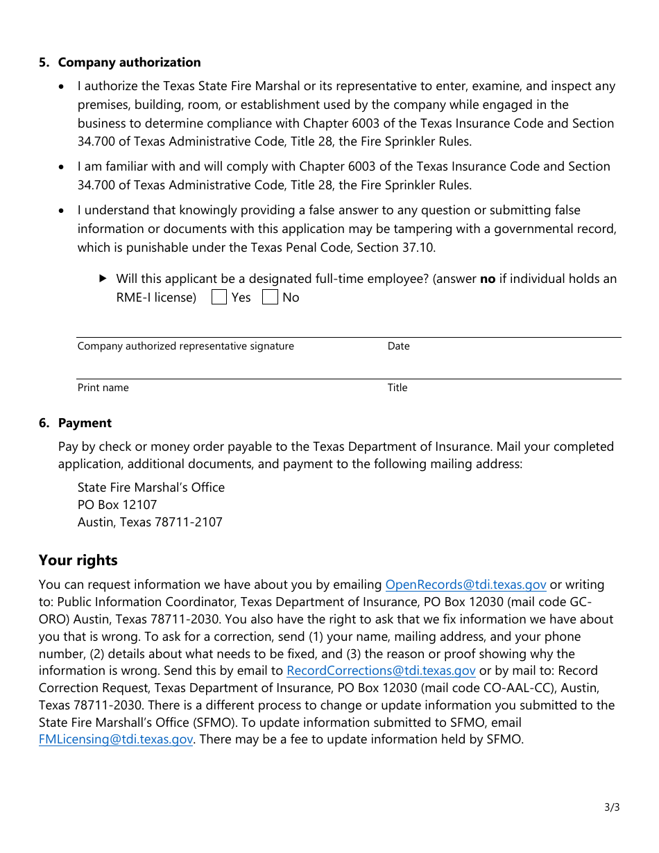 Form SF038 Application to Revise or Transfer All Types of Fire Sprinkler Licenses - Texas, Page 3