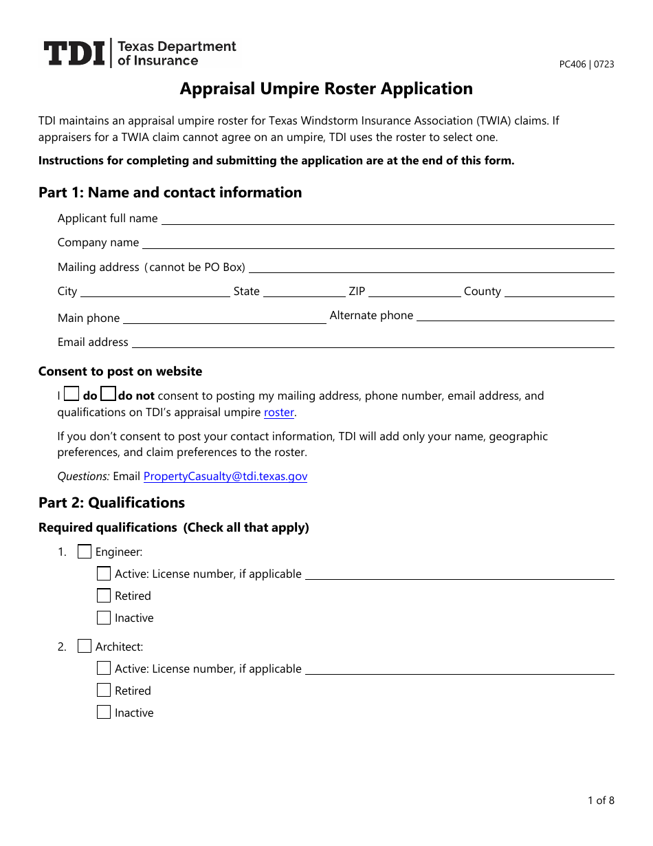 Form PC406 Appraisal Umpire Roster Application - Texas, Page 1