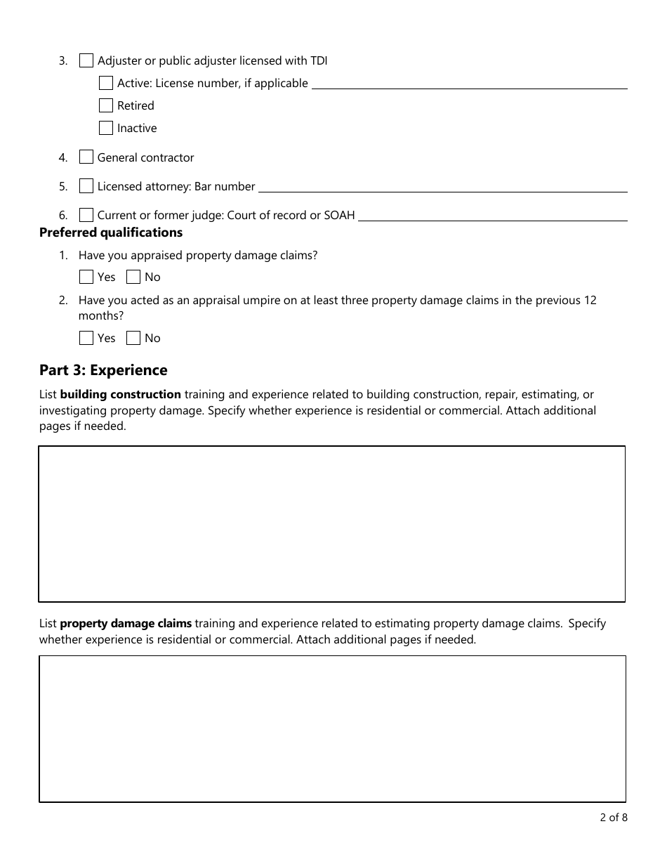 Form PC406 Appraisal Umpire Roster Application - Texas, Page 2