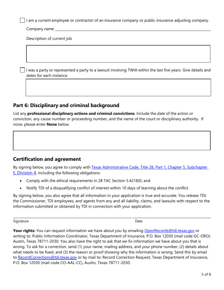Form PC406 Appraisal Umpire Roster Application - Texas, Page 5
