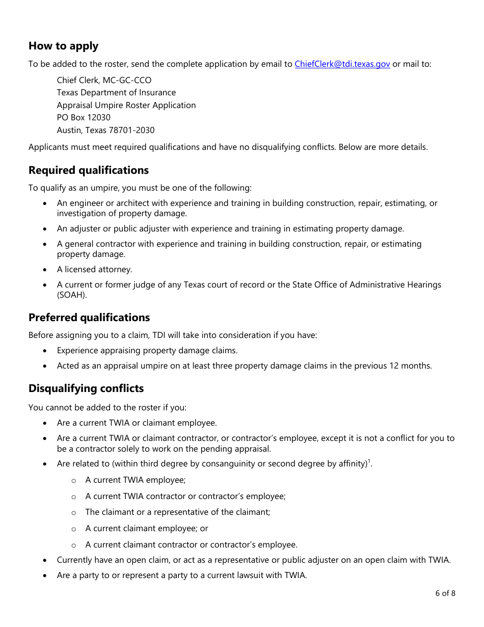 Form PC406 Appraisal Umpire Roster Application - Texas, Page 6