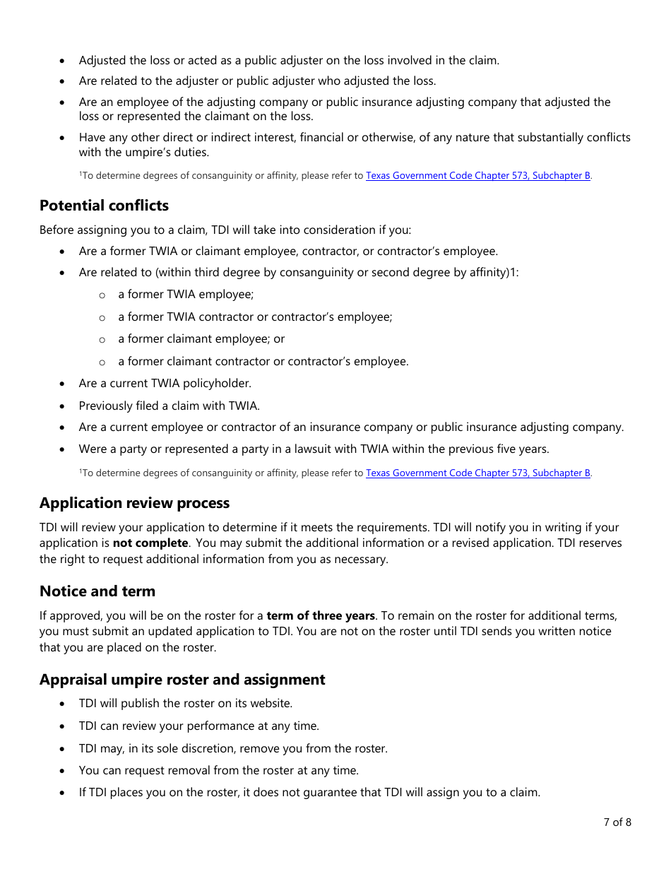 Form PC406 Appraisal Umpire Roster Application - Texas, Page 7