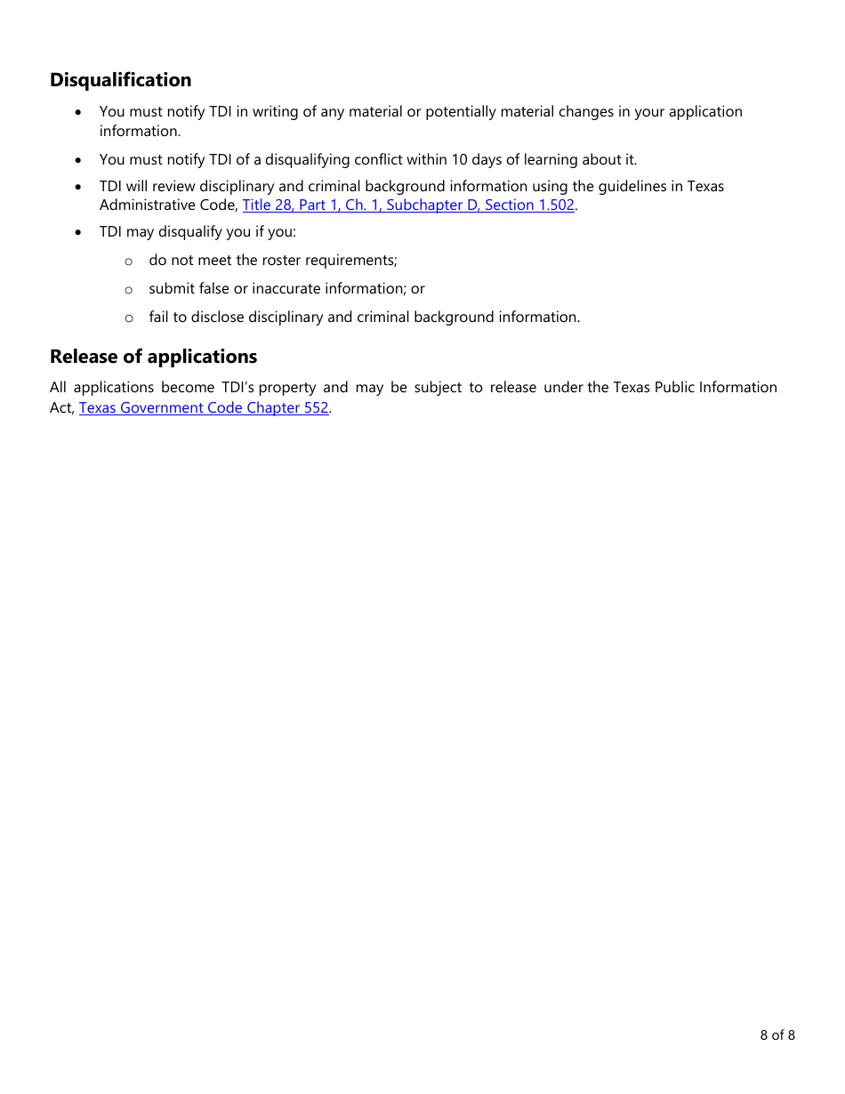 Form PC406 Appraisal Umpire Roster Application - Texas, Page 8