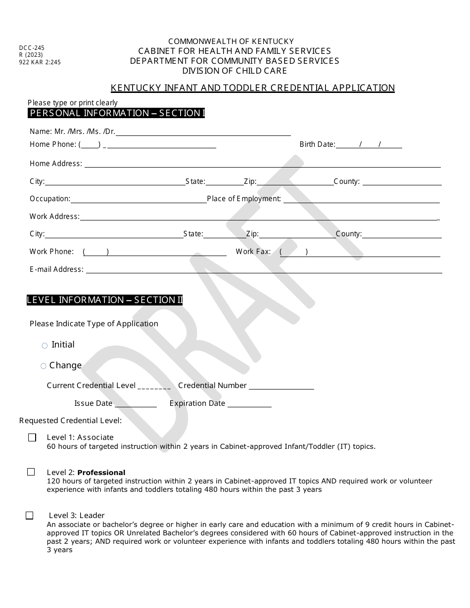 Form DCC-245 Kentucky Infant and Toddler Credential Application - Draft - Kentucky, Page 1