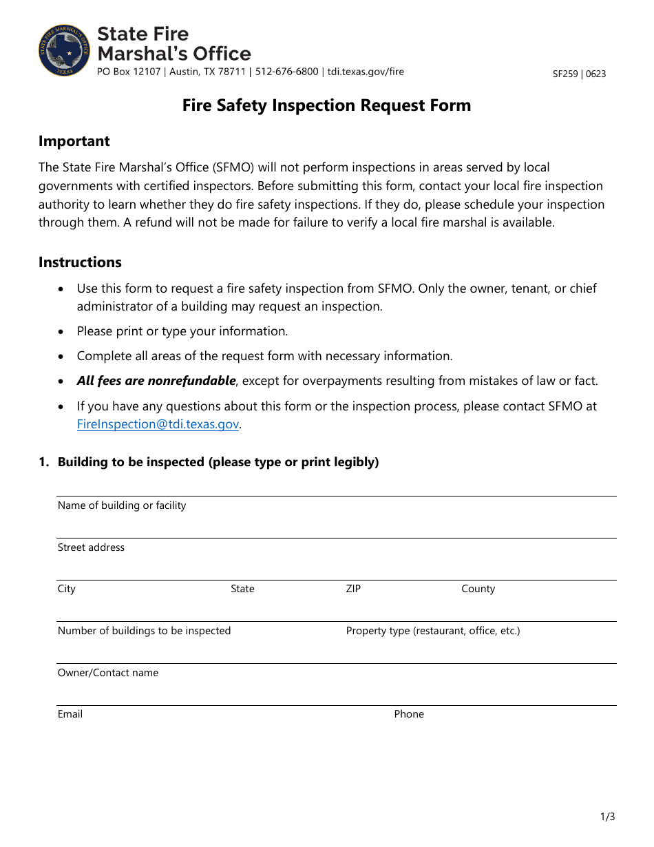 Form SF259 Download Fillable PDF or Fill Online Fire Safety Inspection