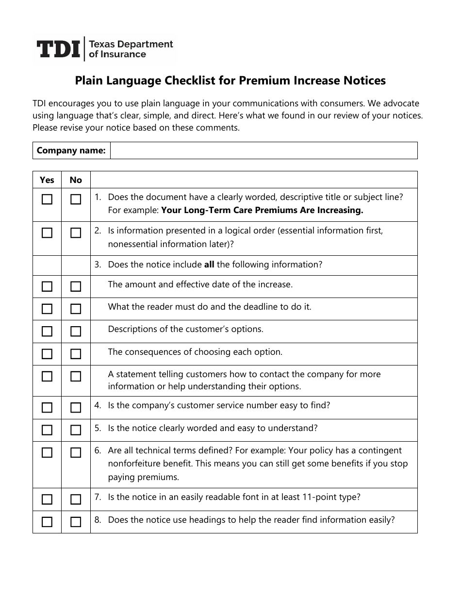 Plain Language Checklist for Premium Increase Notices - Texas, Page 1
