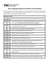 Document preview: Plain Language Checklist for Premium Increase Notices - Texas