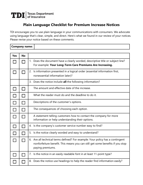 Plain Language Checklist for Premium Increase Notices - Texas Download Pdf