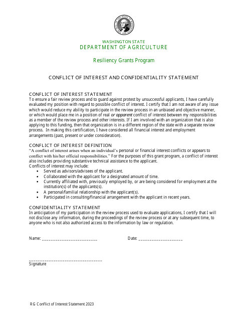 Conflict of Interest and Confidentiality Statement - Resiliency Grants Program - Washington Download Pdf