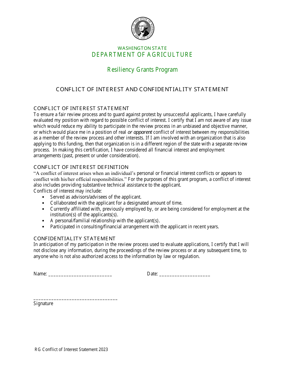 Conflict of Interest and Confidentiality Statement - Resiliency Grants Program - Washington, Page 1