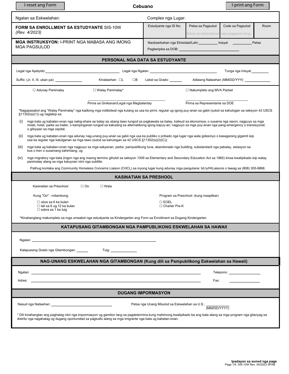 Form SIS-10W Student Enrollment Form - Hawaii (Cebuano), Page 1