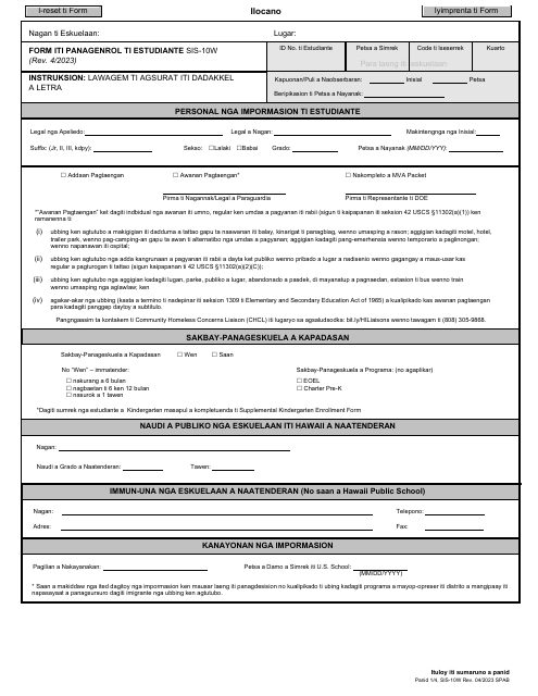 Form SIS-10W Student Enrollment Form - Hawaii (Ilocano)