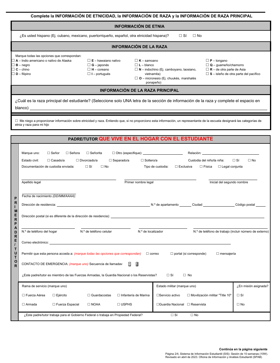 Formulario SIS-10W Formulario De Inscripcion Estudianti - Hawaii (Spanish), Page 2