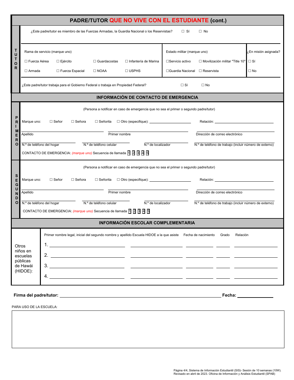 Formulario SIS-10W Formulario De Inscripcion Estudianti - Hawaii (Spanish), Page 4