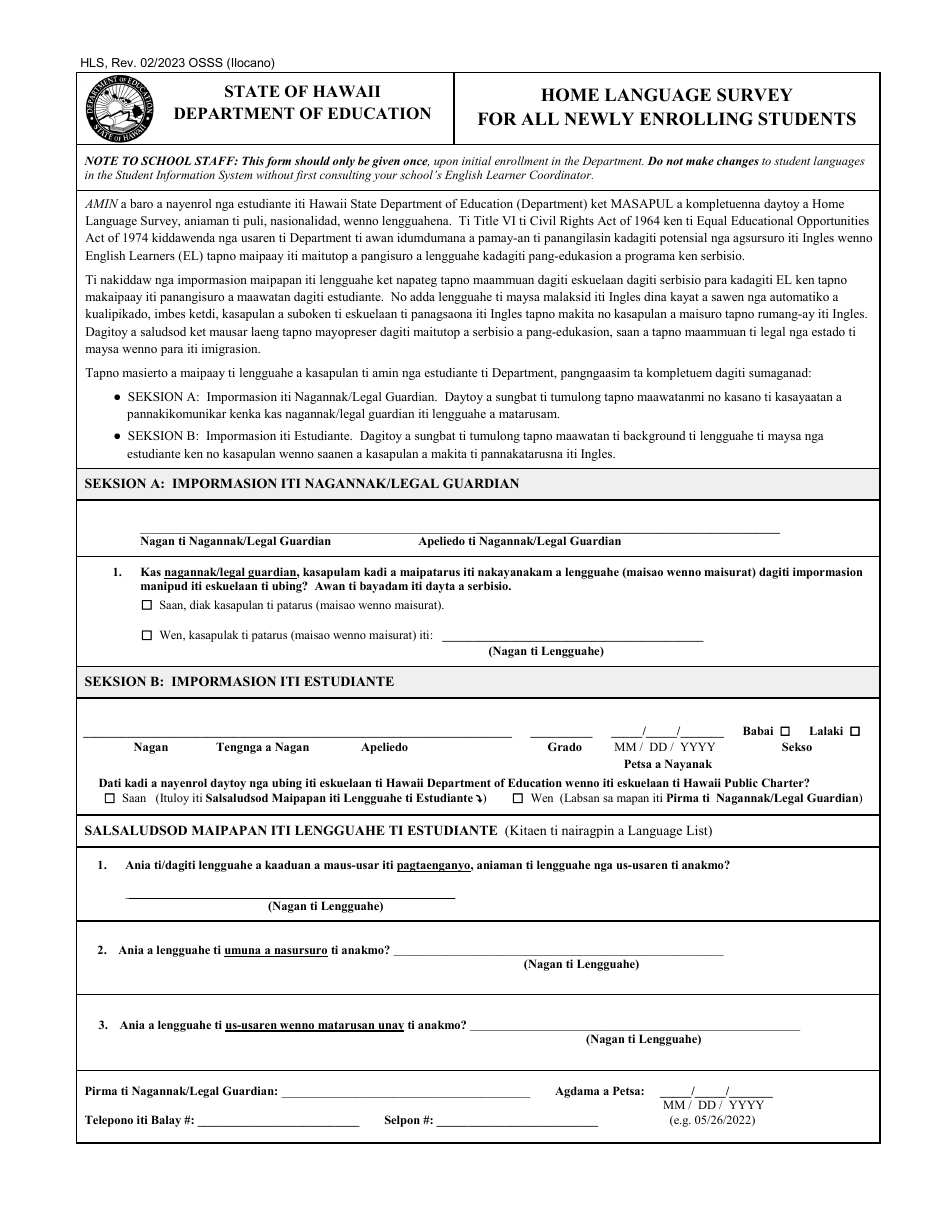 Home Language Survey for All Newly Enrolling Students - Hawaii (English / Ilocano), Page 1