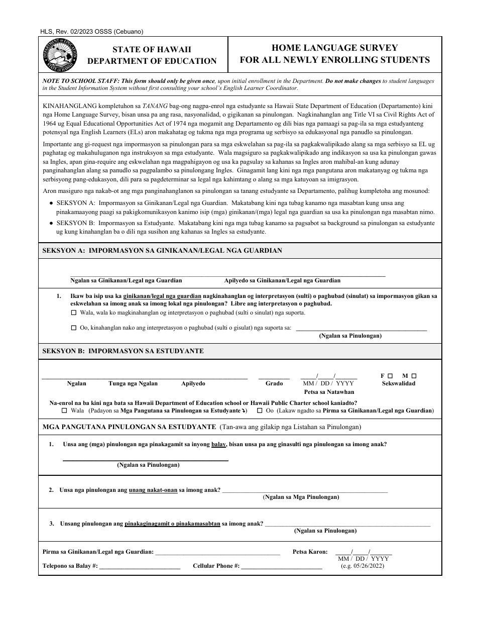 Home Language Survey for All Newly Enrolling Students - Hawaii (English / Cebuano), Page 1