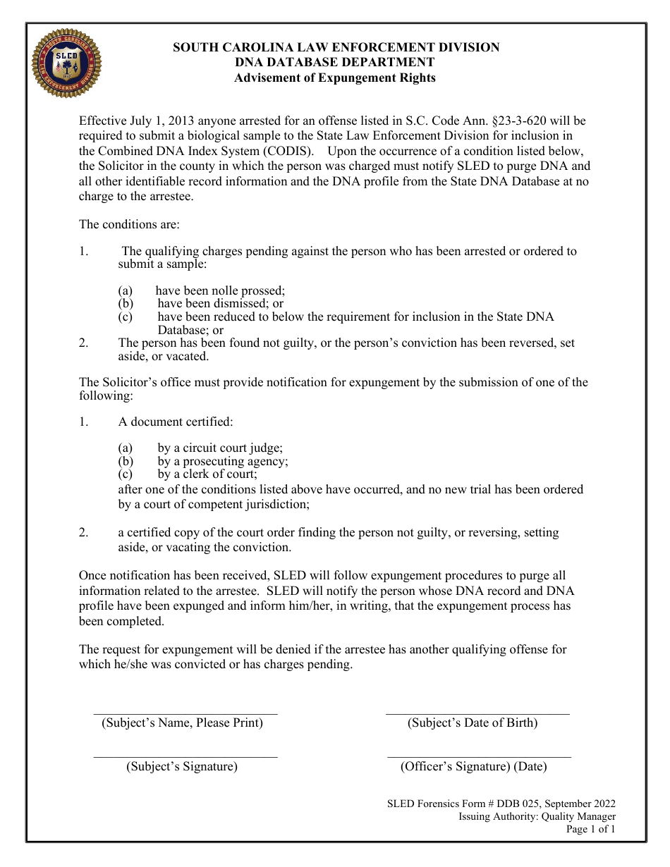 Form DDB025 Advisement of Expungement Rights - South Carolina, Page 1
