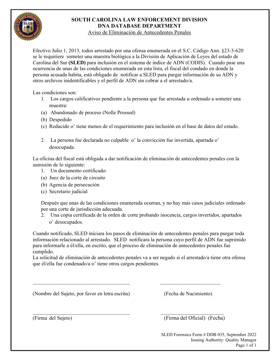 Formulario DDB035 Aviso De Eliminacion De Antecedentes Penales - South Carolina (Spanish), Page 1