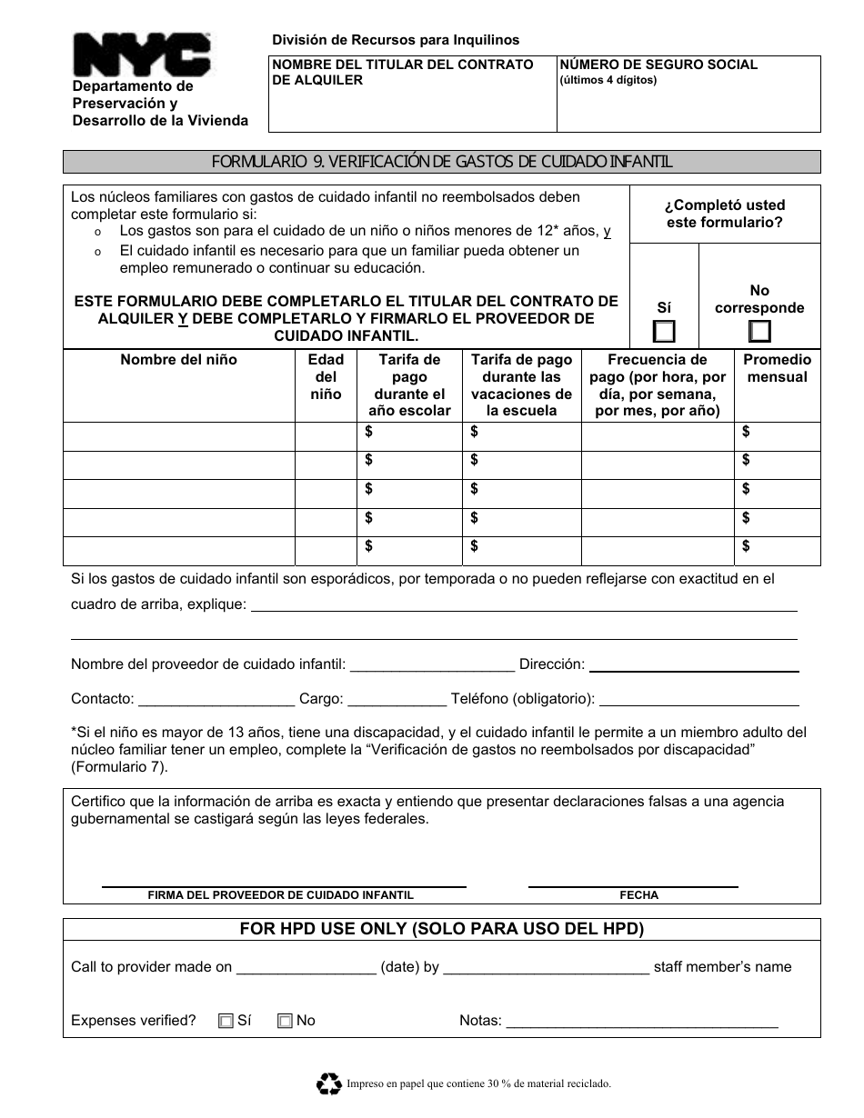 Formulario 9 Verificacion De Gastos De Cuidado Infantil - New York City (Spanish), Page 1