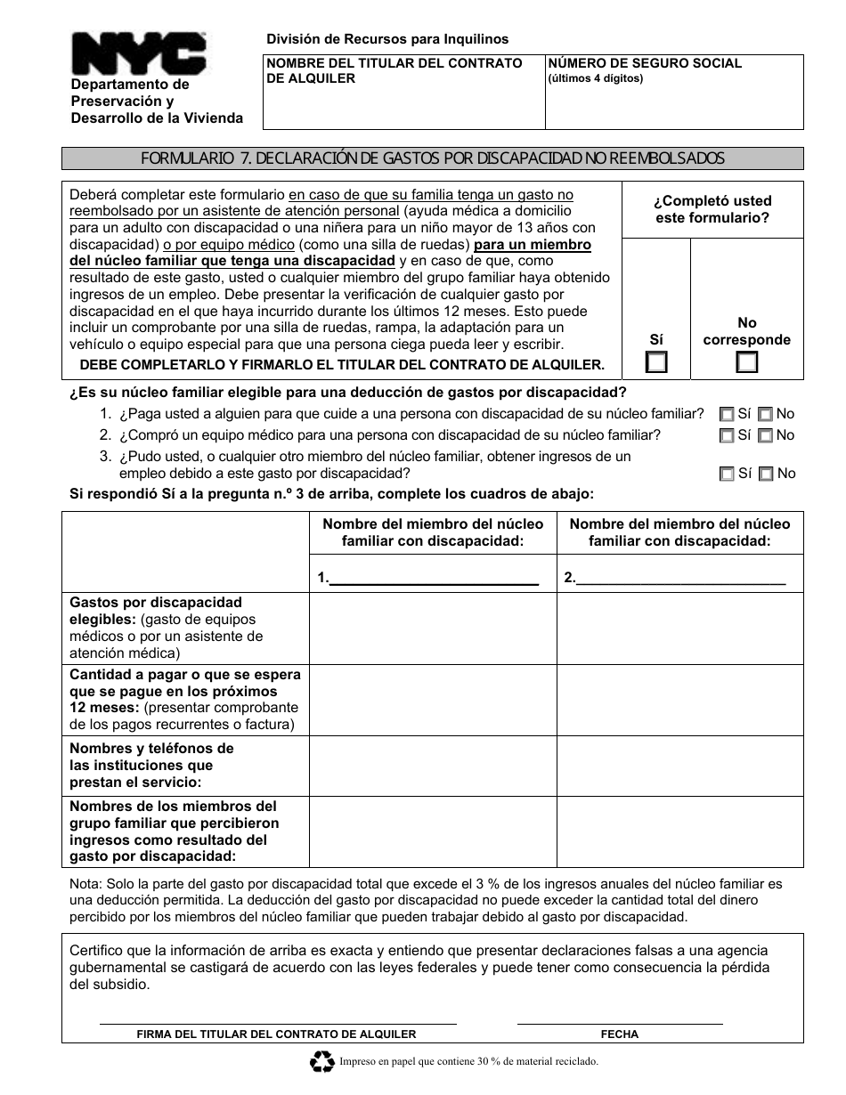 Formulario 7 Declaracion De Gastos Por Discapacidad No Reembolsados - New York City (Spanish), Page 1