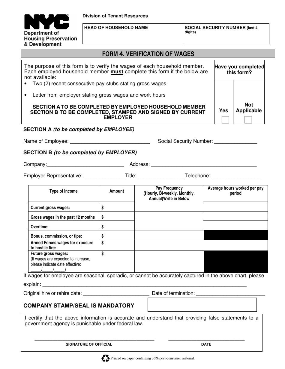 Form 4 Verification of Wages - New York City, Page 2