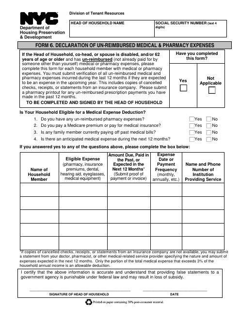 Form 6 Declaration of Un-reimbursed Medical & Pharmacy Expenses - New York City