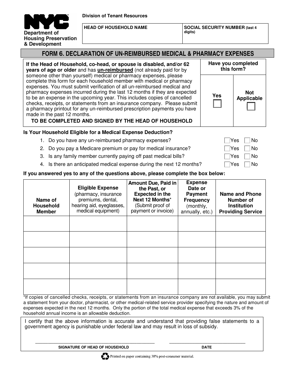Form 6 Declaration of Un-reimbursed Medical  Pharmacy Expenses - New York City, Page 1