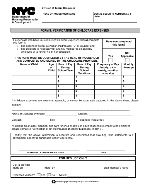Form 9 Verification of Childcare Expenses - New York City