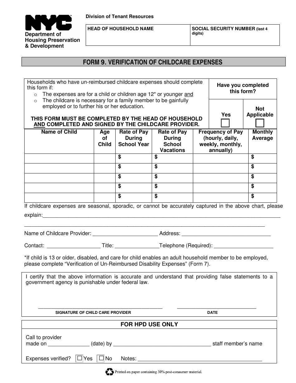 Form 9 Verification of Childcare Expenses - New York City, Page 1
