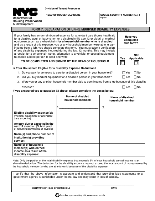 Form 7 Declaration of Un-reimbursed Disability Expenses - New York City