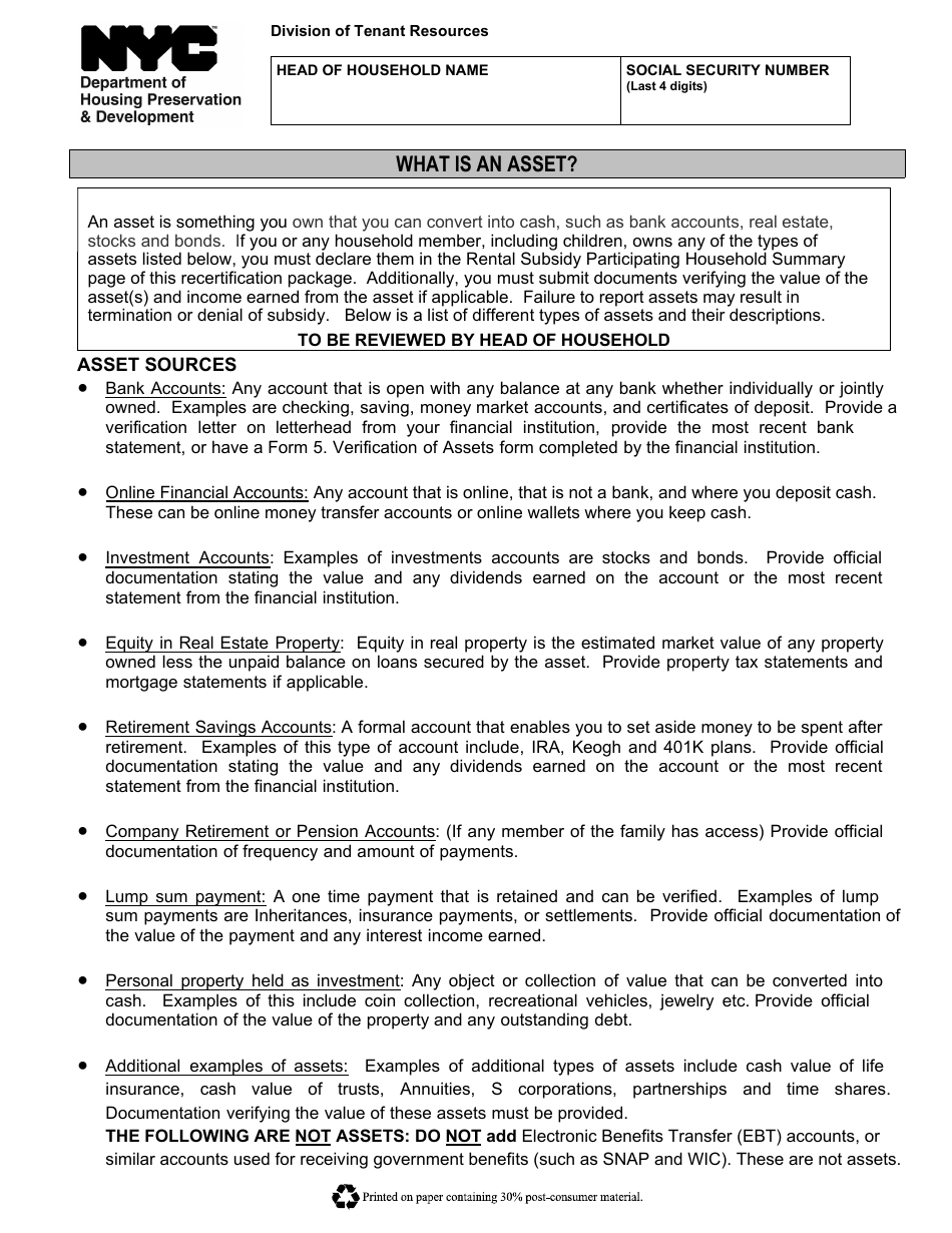 Form 5 Verification of Bank Accounts and Other Assets - New York City, Page 1