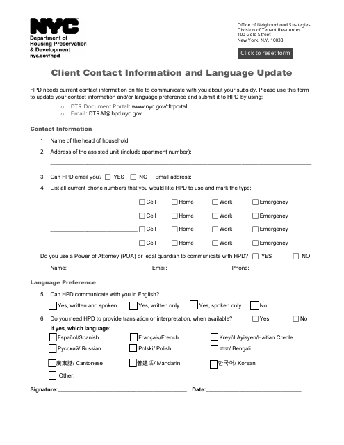 Client Contact Information and Language Update - New York City Download Pdf