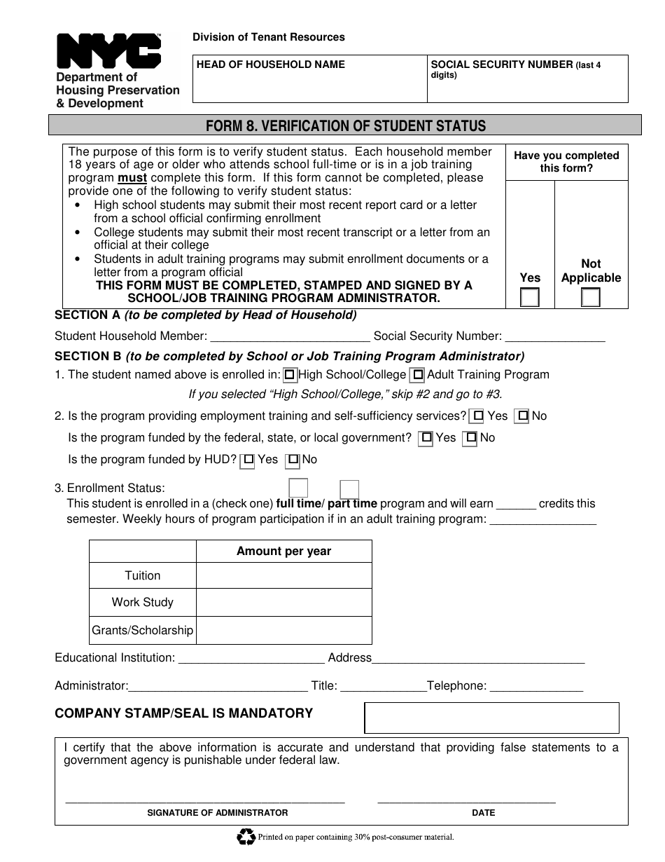 Form 8 Verification of Student Status - New York City, Page 1