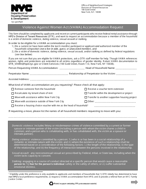 Violence Against Women Act (Vawa) Accommodation Request - New York City Download Pdf