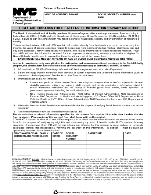 Form 1 Authorization for the Release of Information/Privacy Act Notice - New York City