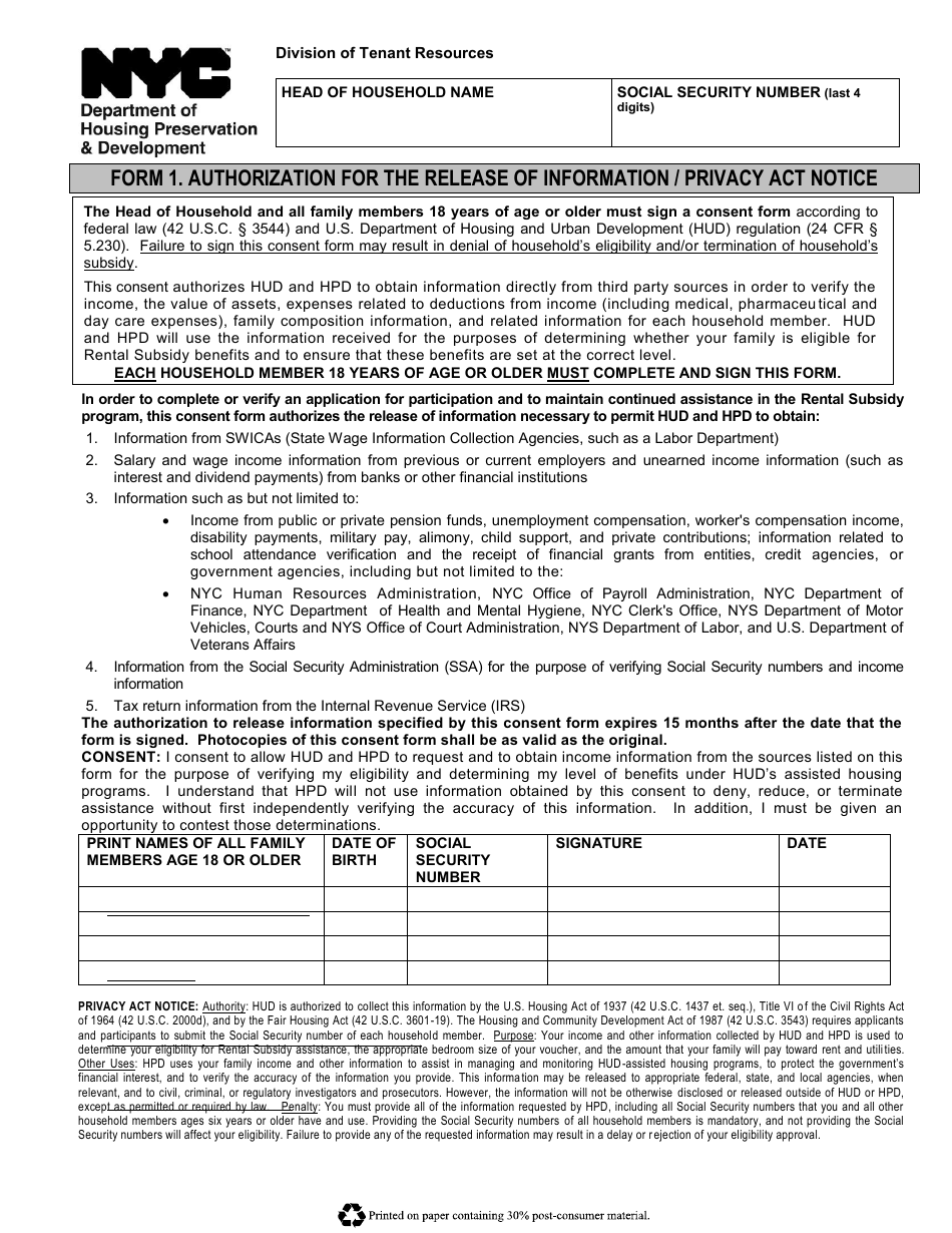 Form 1 Authorization for the Release of Information / Privacy Act Notice - New York City, Page 1