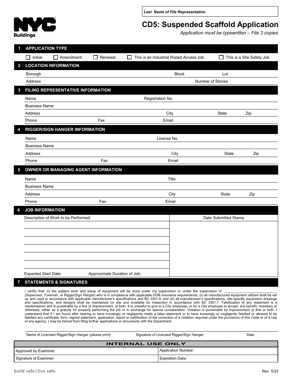 Form CD5 Suspended Scaffold Application - New York City, Page 1