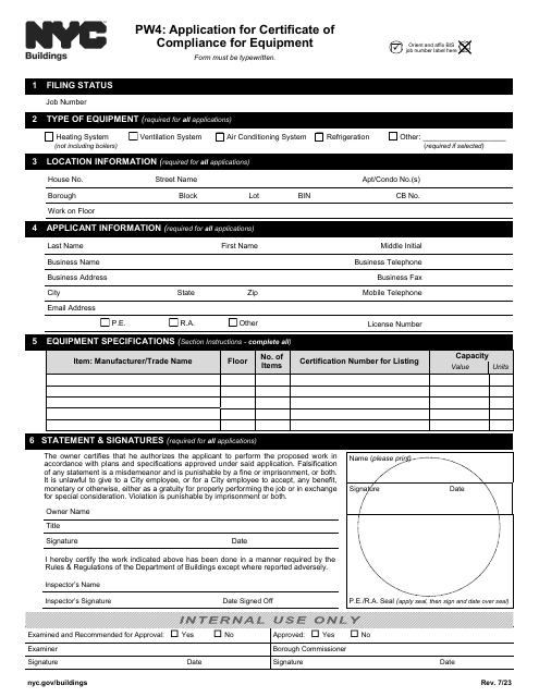 Form PW4 Application for Certificate of Compliance for Equipment - New York City