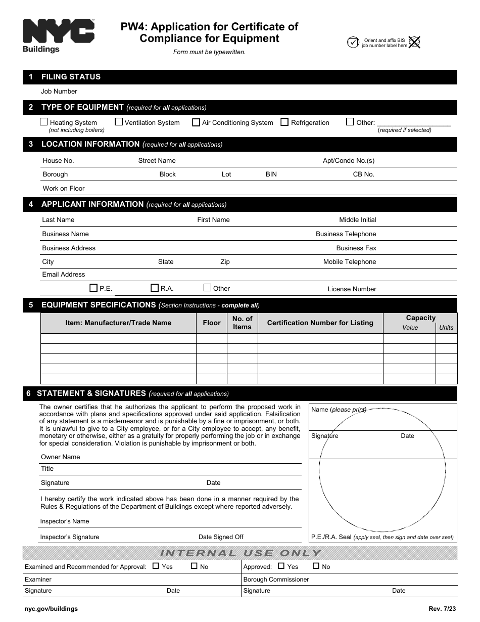 Form PW4 Application for Certificate of Compliance for Equipment - New York City, Page 1