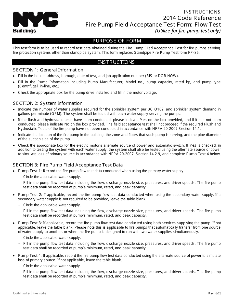 Instructions for Fire Pump Field Acceptance Test Form: Flow Test - New York City, Page 1